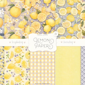 Citroenpapierset: citrus plakboekpatroon, Fruits Junk Journal Ephemera, grijs, geel, aquarel citroenen, afdrukbare achtergrond, digitaal
