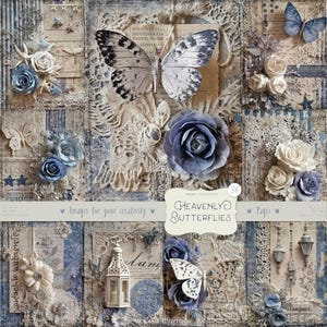 Borboletas Celestiais 36 Imagens: Papel Shabby Chic, Padrão Azul, Fundo de Renda, Páginas Vintage, Ephemera para Impressão, Download DIGITAL