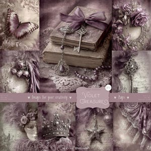 Peut inclure: Un collage d'images vintage dans des tons violets et crème. On y trouve un papillon, des livres anciens avec des clés, une couronne, un ornement en forme d'étoile et un masque de mascarade. Le texte "Violet Treasure" est visible.