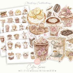 Koffieliefhebbers 40 kieskeurige sneden: digitale aquarelstickers set, anime-stijl, shabby chic, vintage café-esthetiek, afdrukbaar plakboek kortstondig