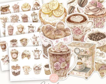 Pegatinas de café en acuarela: Efímeras de cafetería Shabby Chic (Descarga digital)