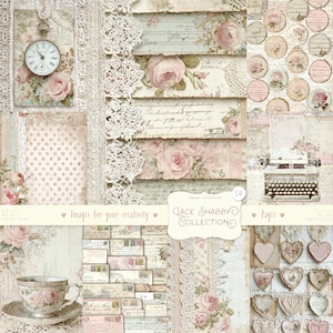 Op de afbeelding: Een collage van scrapbookpapier in vintage-stijl met bloemen- en kanten accenten. Het ontwerp bevat rozen, script en een zakhorloge. Het kleurenpalet omvat zachte roze, crèmes en wittinten, wat een romantische, shabby chic esthetiek creëert.