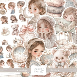 Fiesta de pijamas 88 cortes delicados: efímeras para fiestas de pijamas DGITAL Shabby Chic, calcomanías para noches acogedoras, clipart de chicas en acuarela para llevar un diario, kit de ensueño