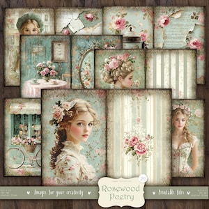 Rosewood Poetry 20 Doppelseiten: DIGITALE Seiten, Shabby Chic Journal Seiten, Vintage Viktorianische Ephemera, Printable Scrapbook Papier, Rosa Pastell blau