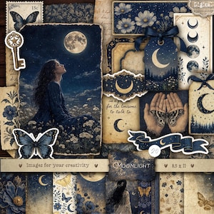 May include: A digital scrapbooking kit featuring celestial and nature-themed elements in deep blue and cream tones. Includes images of a person under a full moon, butterflies, vintage keys, moon phases, floral patterns, and tags with ribbons.