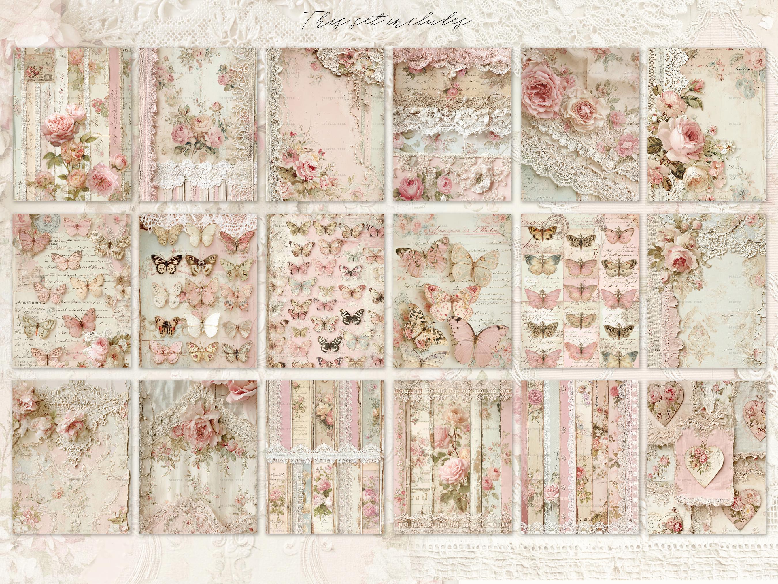 Shabby Chic Kit, Junk Journal Pages: Vintage Background, Delicate ...