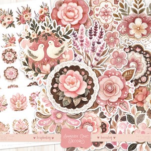 Op de afbeelding: Een verzameling digitale scrapbook- en journaling-stickers met bloemmotieven in roze, bruin en wit. De stickers bevatten bloemen, bladeren, vogels en andere decoratieve elementen. De tekst "Shabby Chic Decor" is in de afbeelding opgenomen.