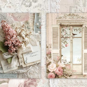 May include: Two vintage-style images. One features a bouquet of pink and white flowers with lace and handwritten notes. The other shows a window with shutters, roses, and a bird, evoking a romantic, antique aesthetic. The background is a collage of vintage papers.
