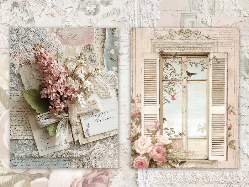 May include: Two vintage-style images. One features a bouquet of pink and white flowers with lace and handwritten notes. The other shows a window with shutters, roses, and a bird, evoking a romantic, antique aesthetic. The background is a collage of vintage papers.