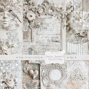 Puede incluir: Un collage de papel de estilo vintage con elementos florales y de escritura. El diseño presenta una máscara, un pájaro y marcos ornamentados, con una paleta de colores pastel. El texto "Pastel Shabby Collection" es visible.