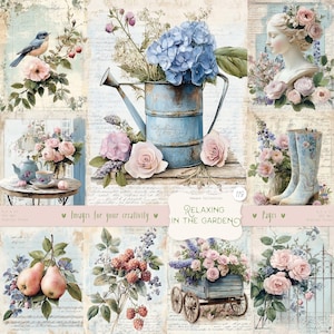 Détente dans le jardin 118 pages : kit de journal indésirable numérique, imprimés floraux shabby chic vintage, cottagecore, éphémères botaniques rustiques