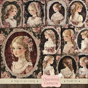 Camées de charme 64 cartes : portraits de filles vintage, éphémères shabby chic, pages de journal indésirable, papier de scrapbooking imprimable, dames victoriennes