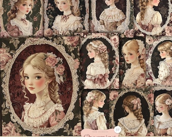 Vintage Girl Cameo Karten: Shabby Chic Ephemera (Digitaler Download)