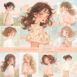 Blush of Dawn 32 Immagini: Acquerello Belle Donne Romantiche Clipart, Pagine di Ragazze alla Moda, Prato, Effimere di Album di Ritagli Stampabili DIGITALI da Scaricare