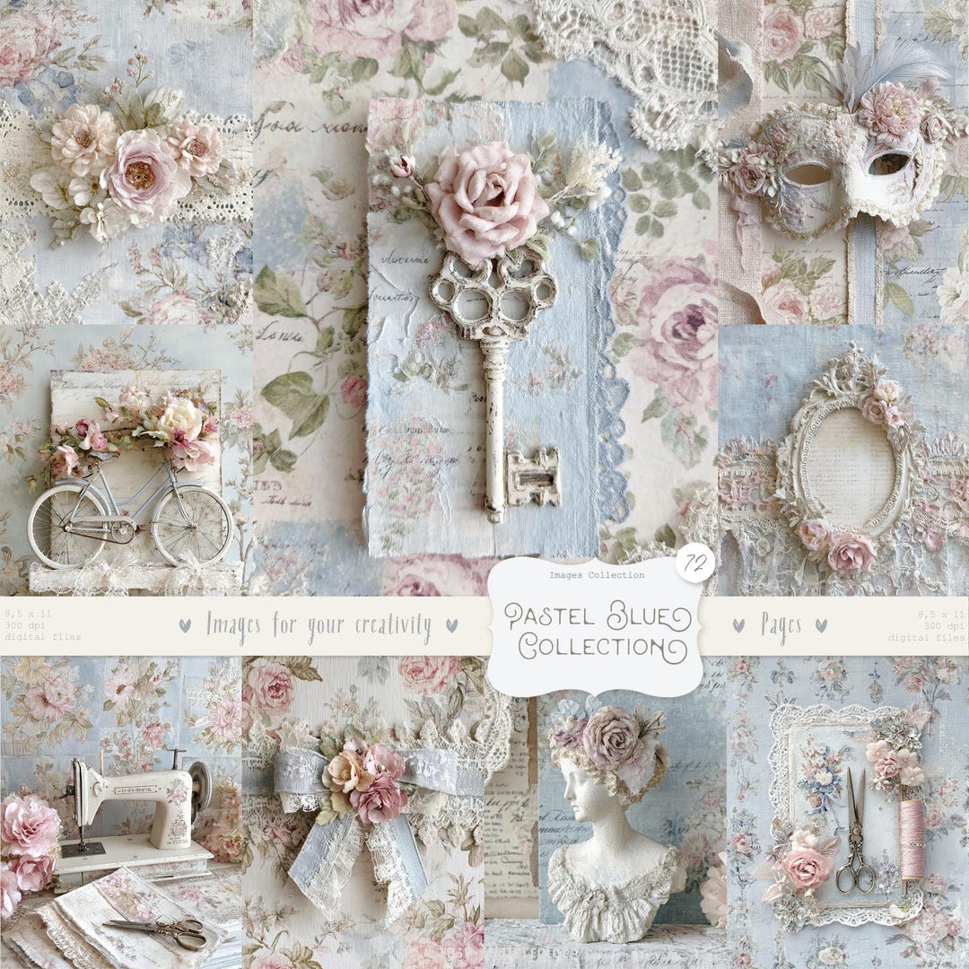 Blue Shabby Chic Junk Journal Kit: Scrapbook Background, Digital Paper ...