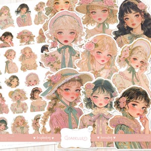 Isabelle 40 fussy cuts: aquarel vintage stickers, anime-stijl, cottagecore shabby chic, mode, afdrukbare ephemera, digitale download