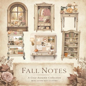 以下が含まれることがあります： Fall Notes A Cozy Autumn Collectionというタイトルのデジタルイラストセット。窓辺の席、ワードローブ、サイドテーブル、ワゴン、コルクボード、本棚の6つのシーンが描かれており、カボチャ、本、猫で装飾されています。