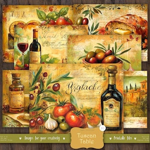 Toscaanse tabel 60 dubbele pagina's: digitale ongewenste dagboekpagina's, Italiaanse rustieke digitale papieren, Provençaalse boerderij, ephemera, wijn- en kaasclipart