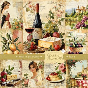 Gouden Toscane 153 afbeeldingen: DIGITALE ongewenste tijdschriftpagina's, Italiaanse rustieke digitale papieren, Provençaalse boerderij, ephemera, wijn- en kaasclipart