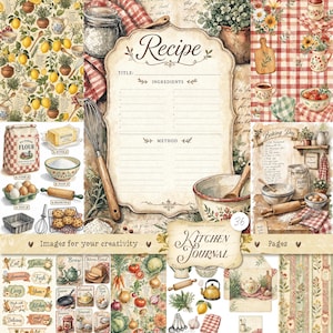 May include: A digital collage sheet featuring kitchen-themed ephemera including a central recipe card with the text Recipe, Title, Ingredients, and Method, surrounded by illustrations of lemons, flour bags, whisks, rolling pins, and baking supplies.