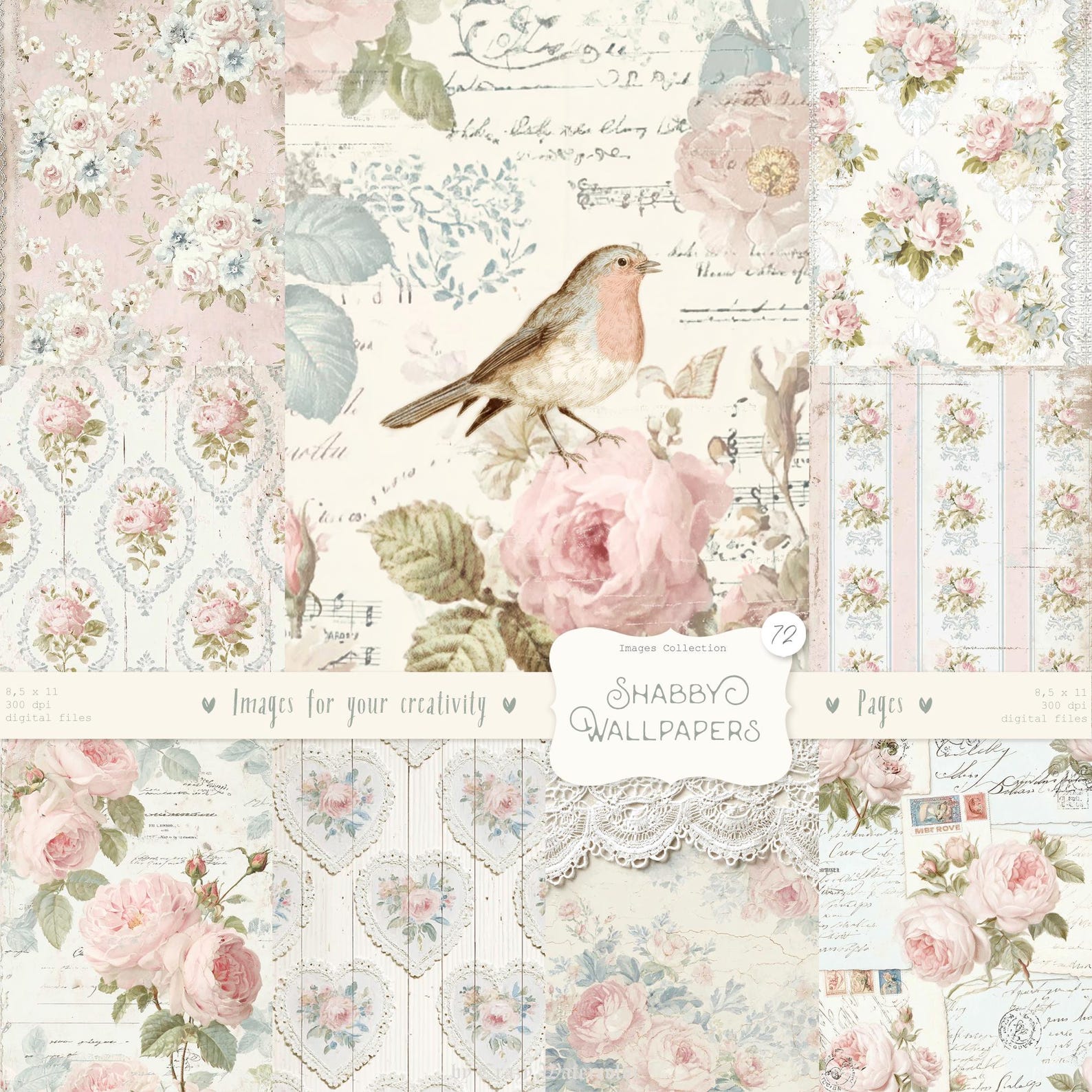 Shabby Chic Kit, Junk Journal Pages: Vintage Background, Delicate ...