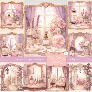My Pink Room 32 afbeeldingen: Victoriaanse interieur clipart, gezellige shabby chic Home decor pagina's, afdrukbare plakboek ephemera instant digitale download