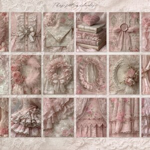 May include: A collage of pink and cream-colored images with a vintage aesthetic. The images include a feather, a bow, an envelope, a stack of books, a heart, a key, a wreath, a curtain, and a dress. The text "This set includes" is at the top.