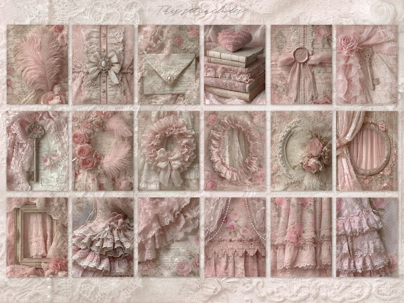 May include: A collage of pink and cream-colored images with a vintage aesthetic. The images include a feather, a bow, an envelope, a stack of books, a heart, a key, a wreath, a curtain, and a dress. The text "This set includes" is at the top.