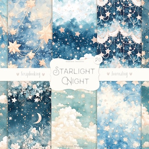 Starlight Night Musterdesign: Magie, Sterne, Weltall, Blau, Celestial, Printable Scrapbook Papier, Junk Journal, Hintergrund, DIGITAL