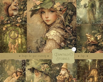 Fantasy Junk Journal-pagina's: Fairy Girls, Dragons Ephemera Kit (digitale download)
