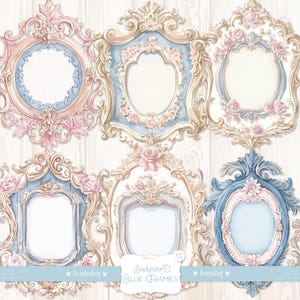 Puede incluir: Seis marcos ornamentados con un estilo shabby chic. Los marcos están decorados con detalles florales y tienen un esquema de color azul claro y rosa. Los marcos son perfectos para scrapbooking o journaling.