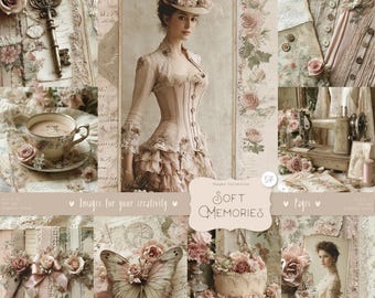 May include: A collage of vintage-themed images in soft pinks, creams, and browns. Features include a woman in a corset, a teacup, a key, roses, a butterfly, and a cake. The text "Soft Memories" is displayed in a decorative font.