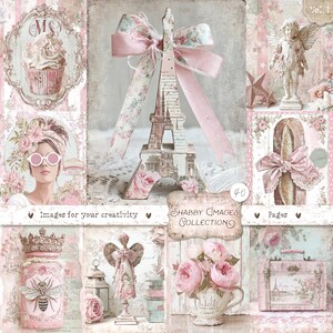 May include: A collection of vintage-style images with a romantic theme. Includes a paper Eiffel Tower with a pink bow, a cupcake, a woman with sunglasses, an angel statue, and floral elements. The colour scheme is predominantly pink and cream.