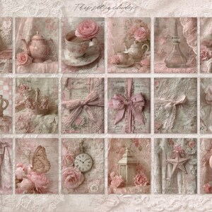 May include: A collage of pink and cream-colored images with a vintage aesthetic. The images include a bird, teacups, teapots, crowns, bows, a butterfly, a pocket watch, a lantern, and a star. The text "This set includes" is at the top.