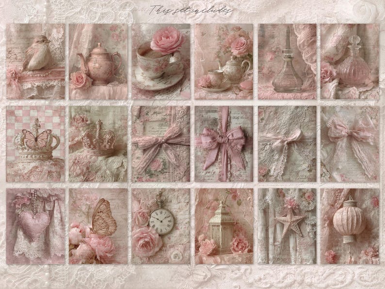 May include: A collage of pink and cream-colored images with a vintage aesthetic. The images include a bird, teacups, teapots, crowns, bows, a butterfly, a pocket watch, a lantern, and a star. The text "This set includes" is at the top.