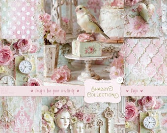 Shabby Chic-kit, Junk Journal-pagina's: vintage achtergrond, delicaat plakboekpapier (digitale download)