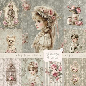 Storie senza tempo 60 immagini: pagine vintage acquerellate, donne retrò, sfondo shabby chic, vittoriano, materiale effimero stampabile, download DIGITALE