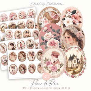 Fleur de Reve 40 kieskeurige snitten: DIGITALE Victoriaanse stickers, Shabby Chic Ephemera, Vintage Ladies, Coquette Clipart, Romantic Junk Journal Kit