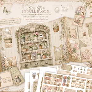 Interaktivt skräpjournalkit: Scrapbook Folio Kit med trädgårdstema (digital nedladdning)