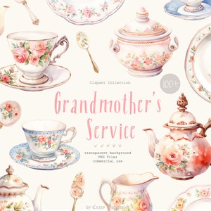 Großmutter's Service Clipart Sammlung - Aquarell Illustrationen - transparenter Hintergrund - Kommerzielle Nutzung - Digitale Dateien - png
