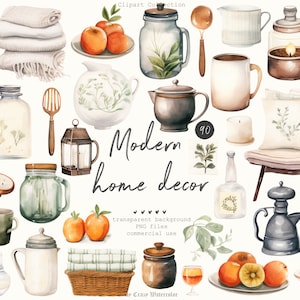 Watercolor Home Decor Clipart Set: 90 PNG Elements (Digital Files)