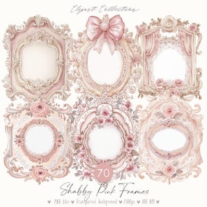 Può includere: Set di sei cornici shabby chic con accenti floreali rosa e bianchi. Le cornici sono ornate e hanno un aspetto vintage. Sono perfette per aggiungere un tocco di eleganza a qualsiasi progetto.