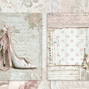 May include: A collage featuring a high-heeled shoe with pink ribbons and lace, and a paper with pink polka dots and a drawing of the Eiffel Tower. The background has a vintage aesthetic with script and floral elements.