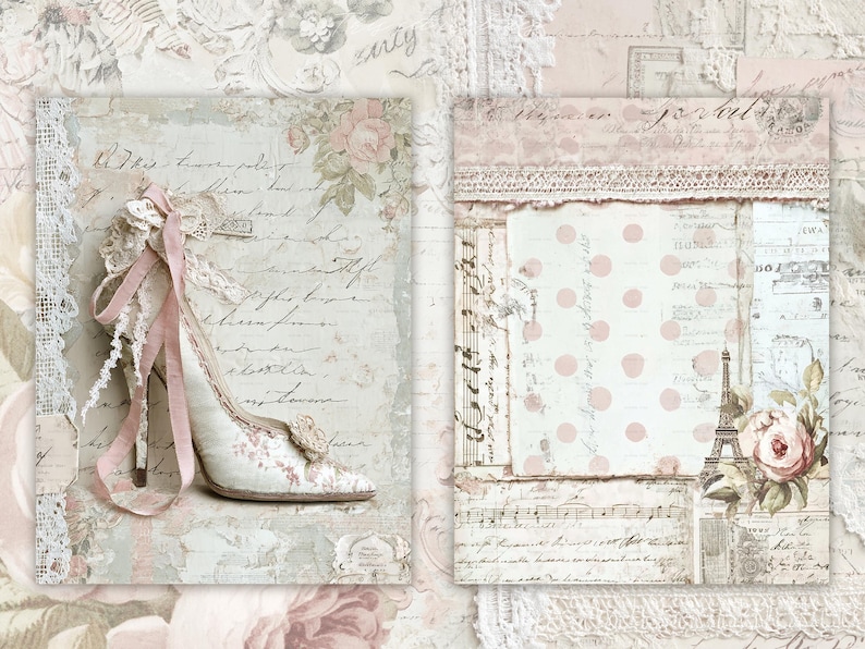 May include: A collage featuring a high-heeled shoe with pink ribbons and lace, and a paper with pink polka dots and a drawing of the Eiffel Tower. The background has a vintage aesthetic with script and floral elements.