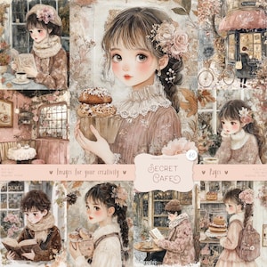 Páginas de diario basura de 60 páginas de Secret Cafe: efímeras francesas vintage digitales, estética shabby chic, clipart de café parisino, imprimibles de acuarela acogedores
