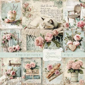 Rustieke romantiek 85 afbeeldingen, pagina's: aquarel pastel shabby chic, cottagecore, theekransje, rozen, vintage afdrukbare ephemera, digitale download