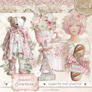 以下が含まれることがあります： 柔らかくロマンチックな美学を持つ、ヴィンテージスタイルの画像のコラージュ。テディベア、カップとピッチャーのフラワーアレンジメント、装飾的なエッフェル塔、パン、女性の肖像画が含まれています。「Shabby Ephemera」のテキストが表示されます。