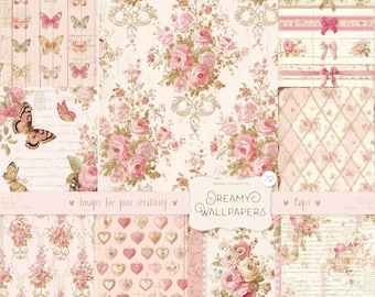 May include: A collection of patterned papers with a vintage aesthetic. Designs include pink roses, butterflies, hearts, and bows on a cream background. The text "Dreamy Wallpapers" is visible.