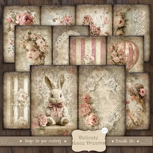 Delicate Lace Dreams, 20 dubbele pagina's: digitale Shabby Chic-dagboekpagina's, vintage Victoriaanse ephemera, afdrukbaar plakboekpapier, roze pastel