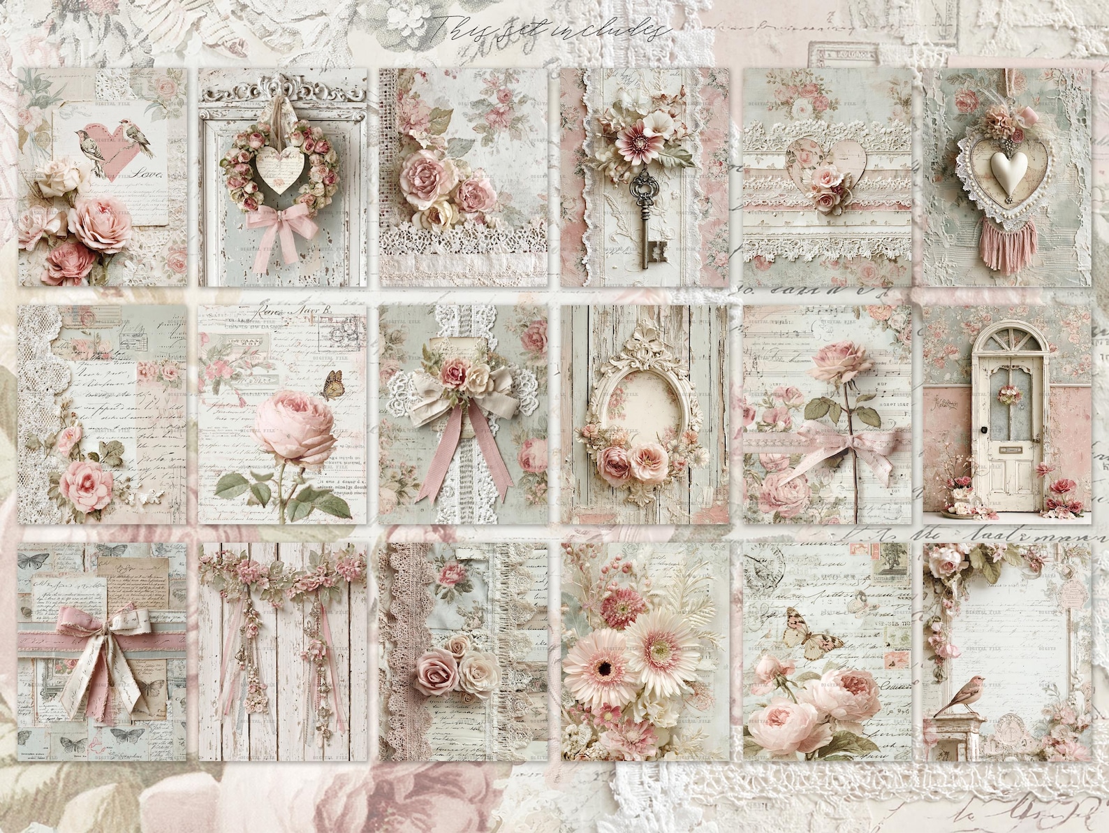 Shabby Chic Kit, Junk Journal Pages: Vintage Background, Delicate ...